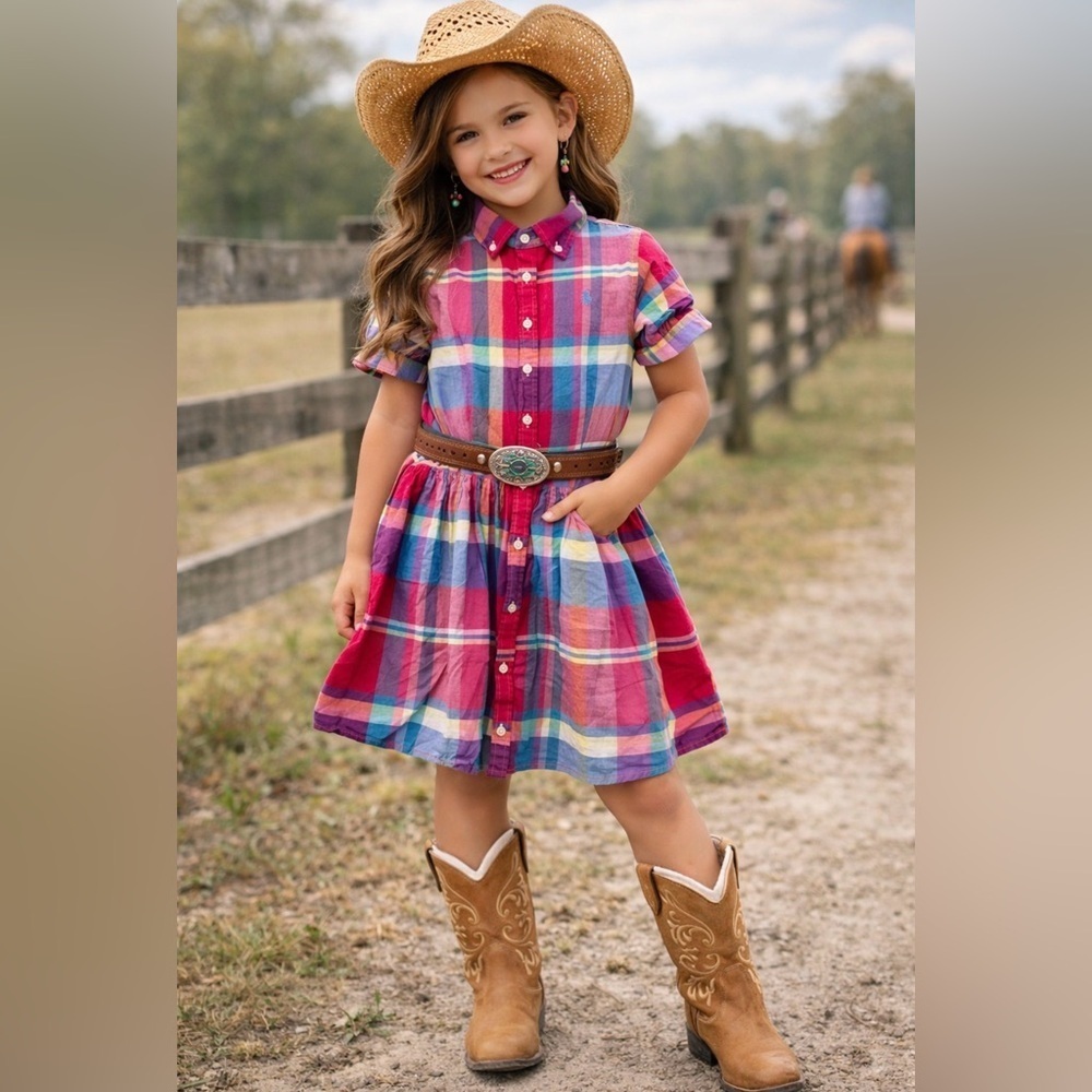 Ralph Lauren Kids Cotton Madras Chequered Dress in pink and blue size 12